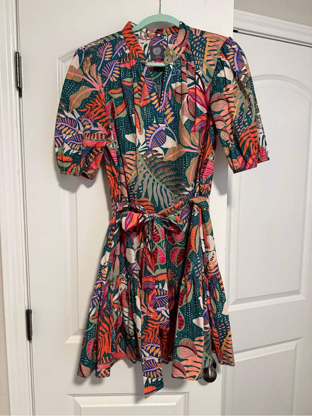 Vince Camuto Tropical Leaf Print Dress in Teal, Coral & Purple